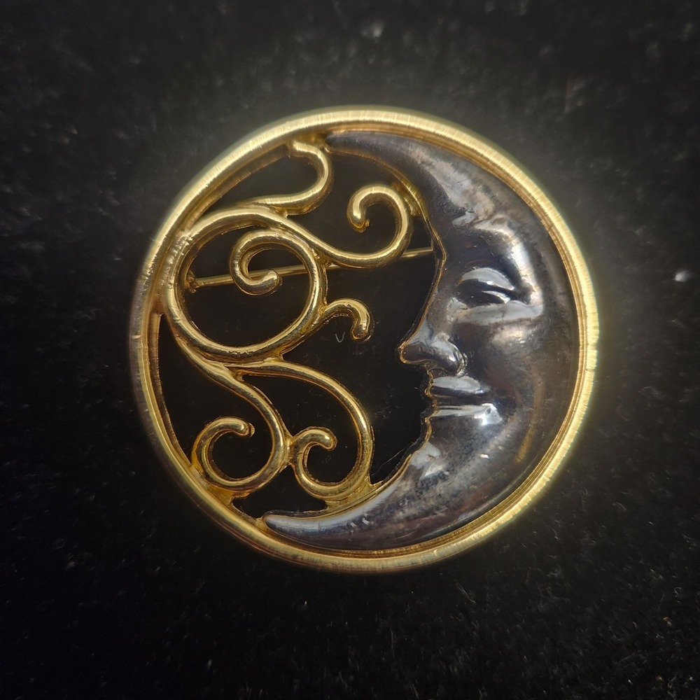 Vintage Man in the Moon Brooch Mixed Metal Celestial Silver Gold Tone Pin Round